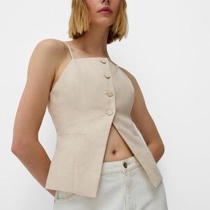 [SOLD] Cream and tan linen sleeveless vest with button closure